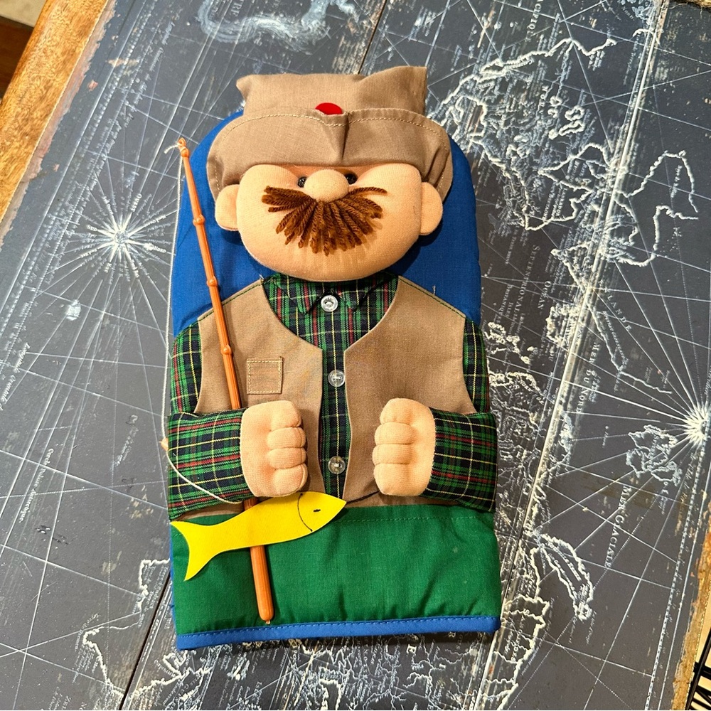 Vintage Fisherman Kitchen Towel Holder – Handmade Fabric Doll Decor